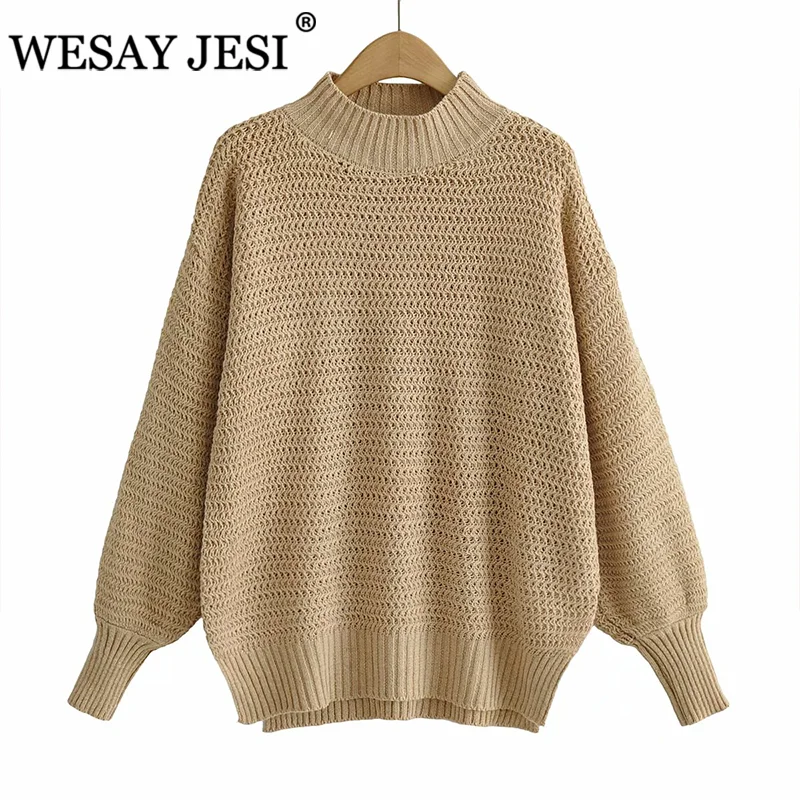 

WESAY JESI Women Clothing Pullover TRAF ZA 2021 Stand Collar Khaki Knitted Sweater Pullovers Winter Slit Sweaters Tops Casual