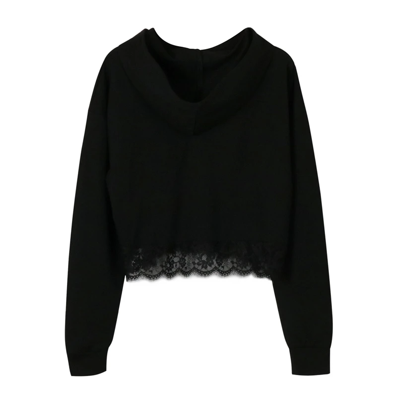 

Women Sweatshirt Hoodies Lace Long Sleeve Hooded Sweatshirt Pullover Crop Hoodie Casual Sweatshirt Tops Black