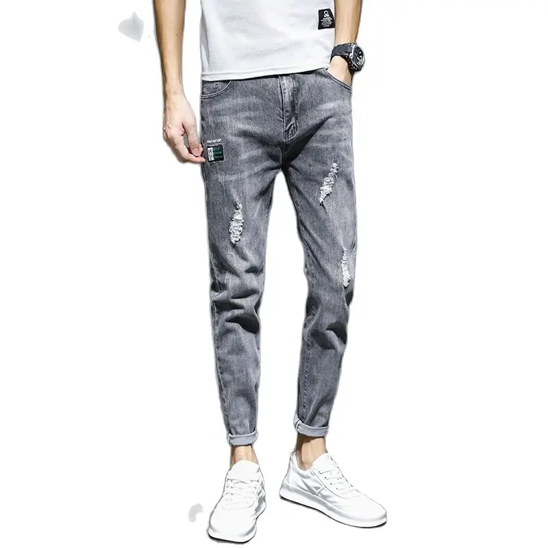

Man's branded jeans spring autumn 2021 pantalon homme slim casual pants hiphop men's teenagers grey ripped trousers Denim Jeans