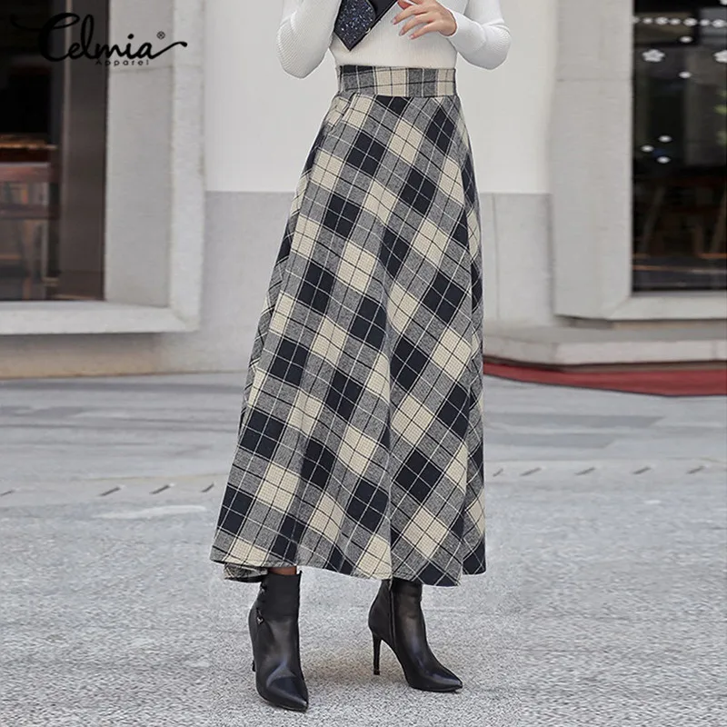 

Повседневные свободные клетчатые трапециевидные Макси-юбки Celmia для женщин осень 2022 винтажные вечерние длинные элегантные офисные юбки с к...