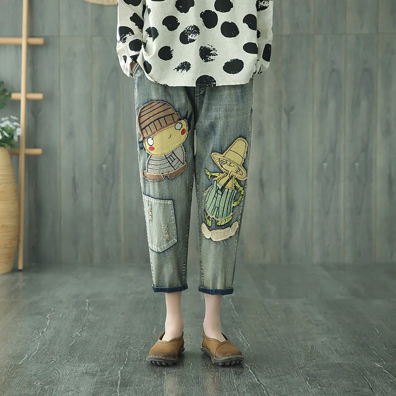 Женские свободные джинсы размера плюс с вышивкой в виде милого кота, женские джинсы, летние женские джинсы для женщин в стиле бойфренд, джинсовые штаны-шаровары