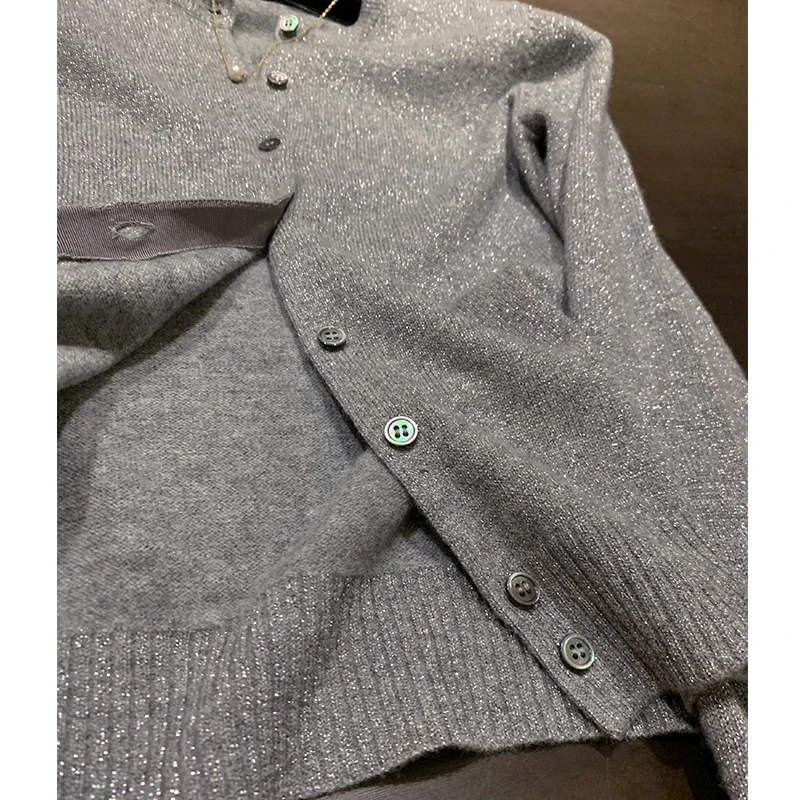 

Bling Thin Knitted Cardigan for Summer Autumn Woman Gray Sweater Tops Harajuku Designer Luxury Female Clothing