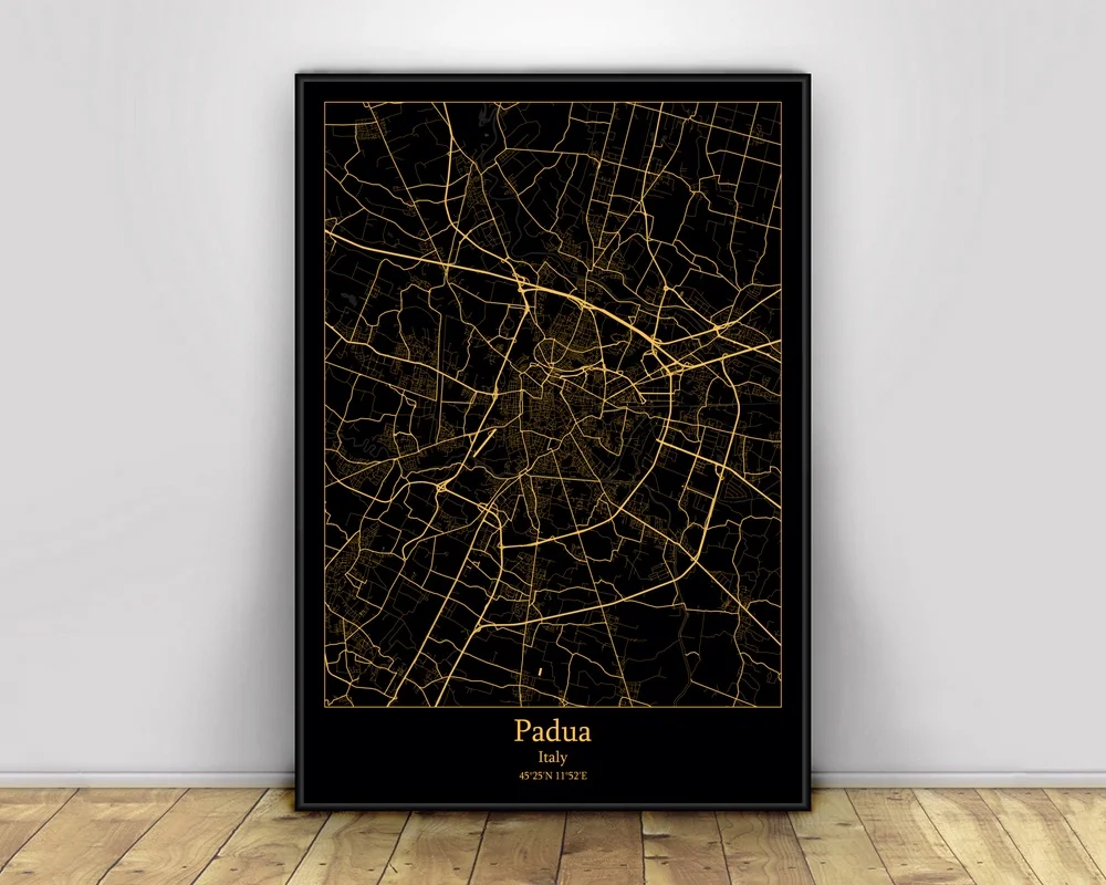 

Падуа, Италия, черные и золотые города, легкие карты, обычные карта городов мира постеры, печать на холсте, скандинавский стиль, настенное ис...