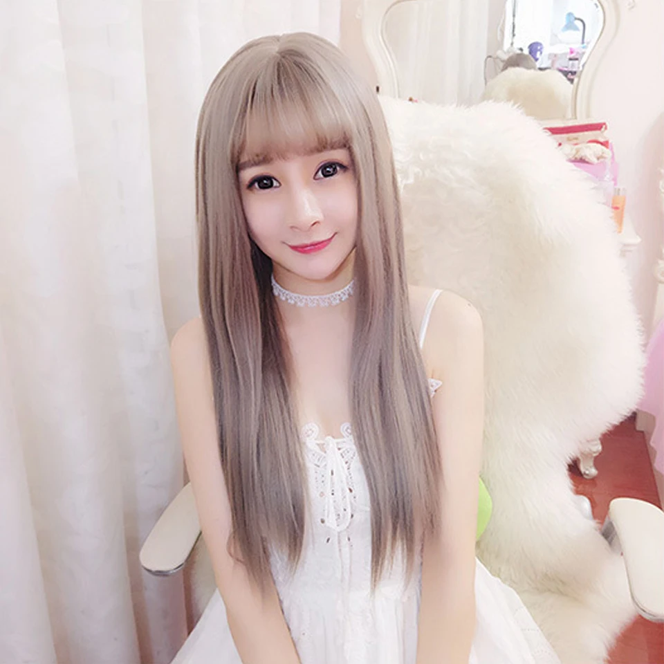 Синтетические волосы черный коричневый фиолетовый длинные парики с челкой для