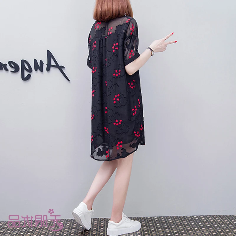 Летнее шифоновое платье-рубашка большого размера с вышивкой в Корейском стиле
