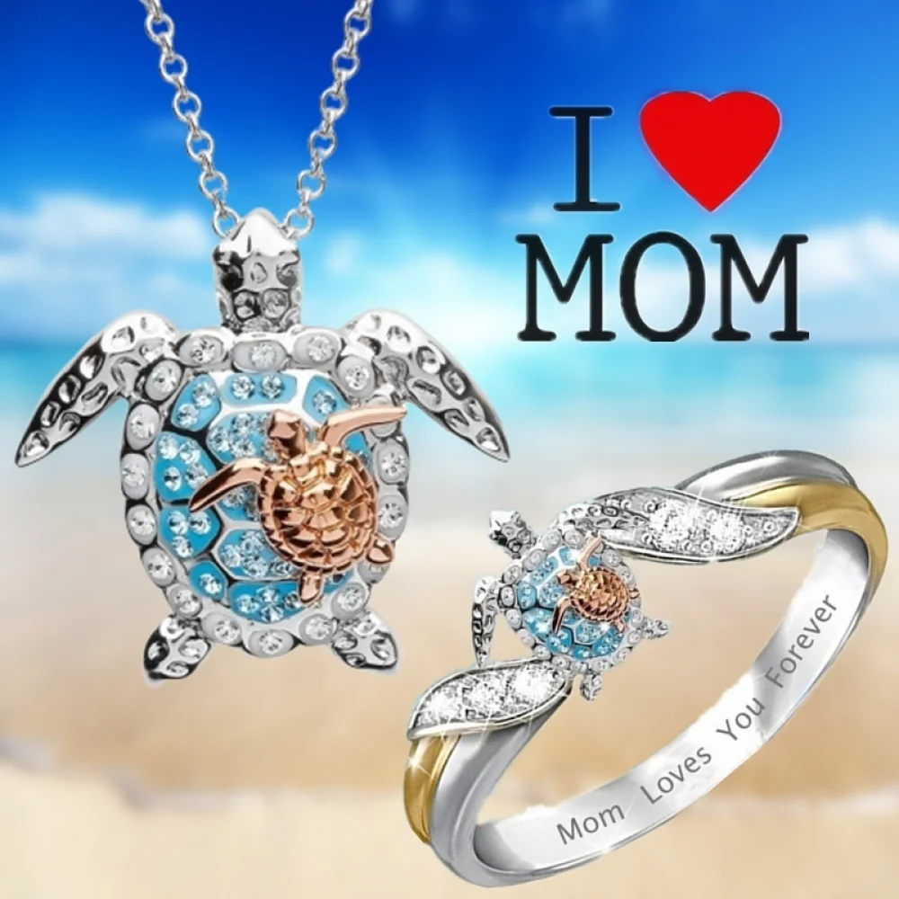 

Creative Two Colors Rose Gold Turtle Animal Ring Necklace Jewelry Set for Children Mother Kids Female Letter Carved Jewelry