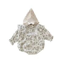 2pcs lace ruffle cute baby romper with hat set infant vintage floral long sleeve jumpsuit toddler baby girl sweet clothes