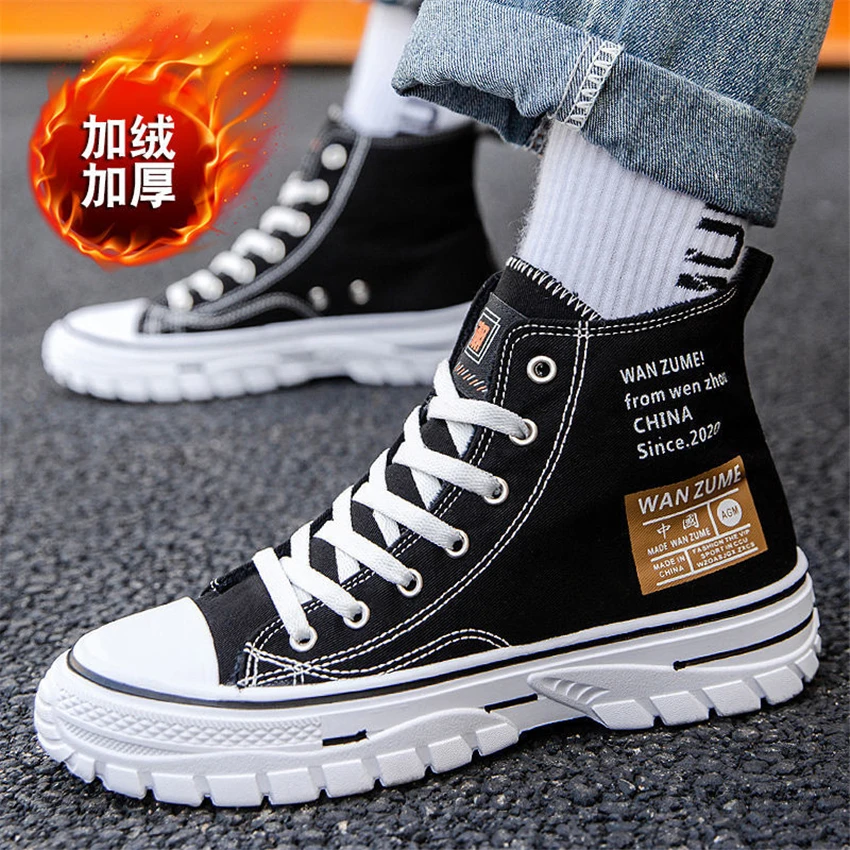 

Winter New Men Canvas Shoes Fur Keep Warm Plush Skateboarding Shoes Sneakers With Platform Gray Nonslip Vulcanized Footwear