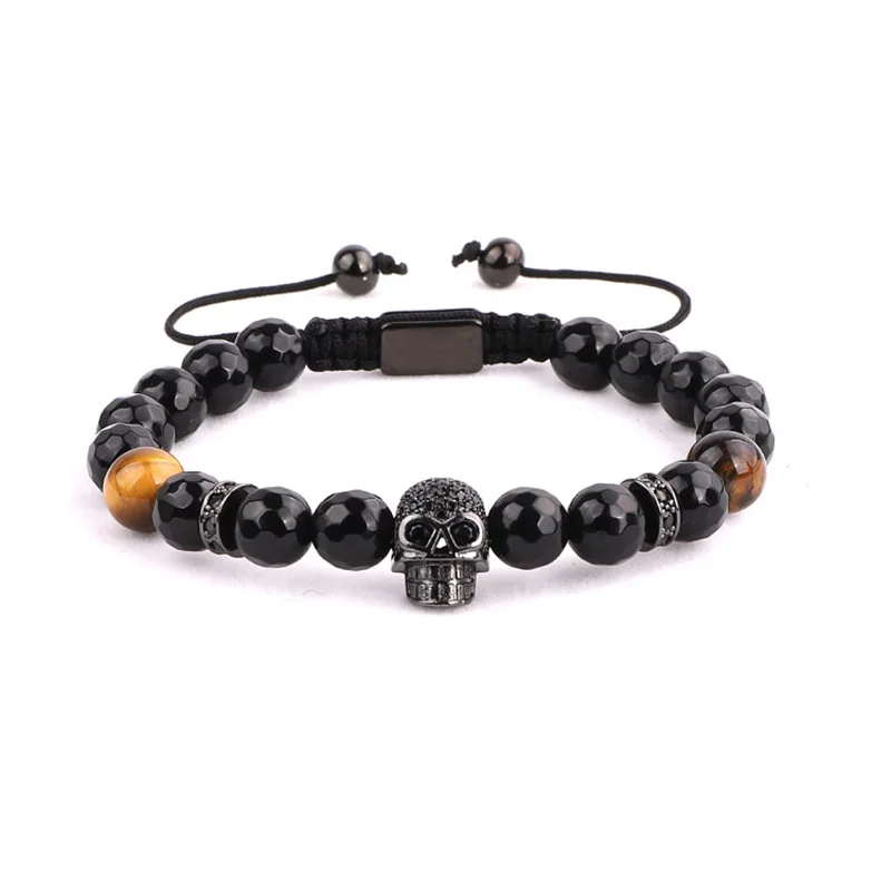 

High quality natural stone faceted black onyx brown tiger eye and CZ skull beaded bracelet for men