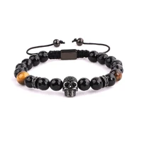 high quality natural stone faceted black onyx brown tiger eye and cz skull beaded bracelet for men