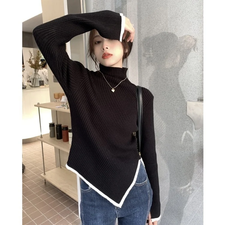 

High Neck Sweater 2021 Autumn and Winter Design Sense Irregular Slim Age Reducing Long Sleeve Blouse Female C13a