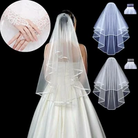 new 0 8m short section generous two layer white or beige veil with comb 3 color fine beaded lace bridal gloves wedding supplies