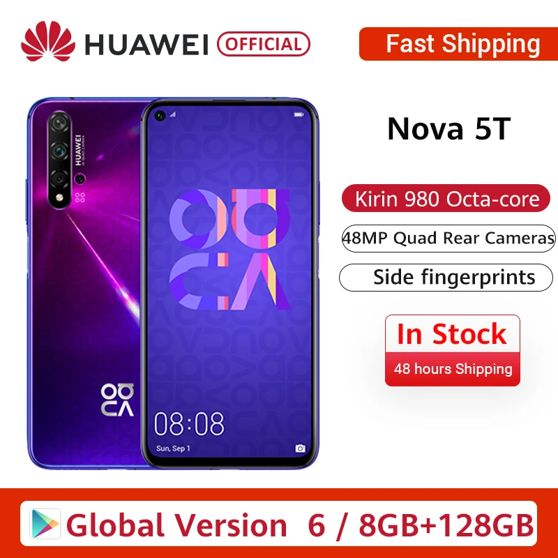 Оригинальный Huawei Nova 5T 6 ГБ + 128 Kirin 980 восемь ядер 26 &quotполноэкранный дисплей Android 9
