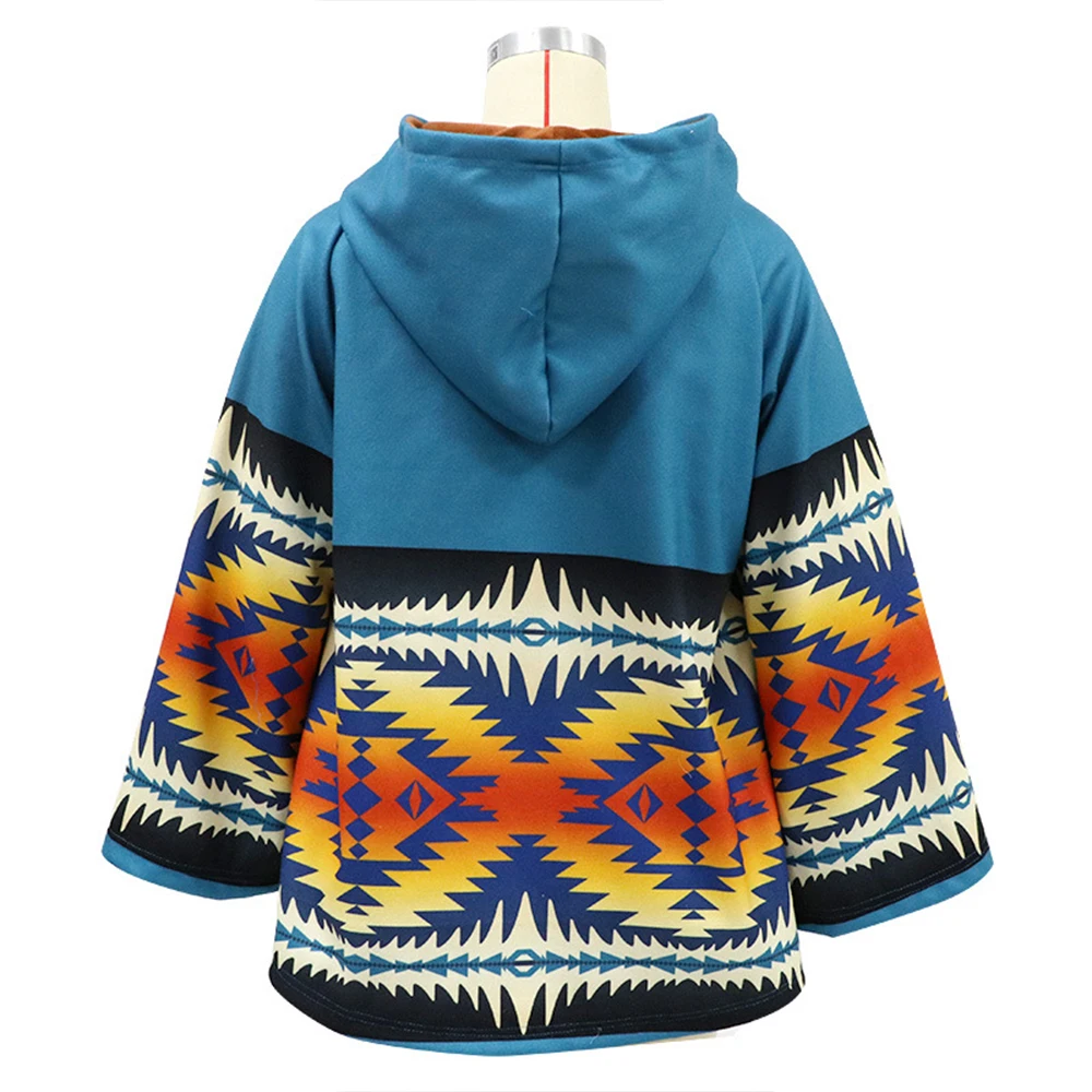 

Vintage Printed Women Hooded Woolen Coats Long Sleeve Horn Buttons Outwear Patchwork Autumn Winter Ladies Loose Overcoats