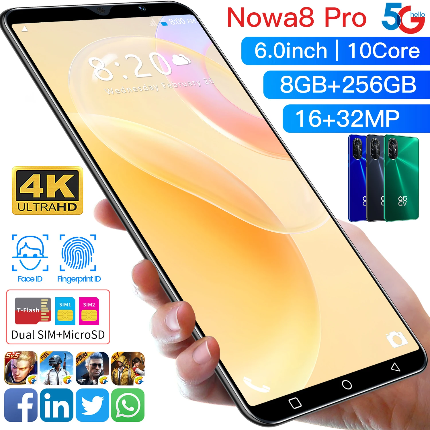 

Global Version Smartphones HUAWE Nowa 8 Pro 32MP HD Deca Core 4G 5G Network 12GB RAM 512GB ROM 6.0 Inch Undefined Mobile Phone