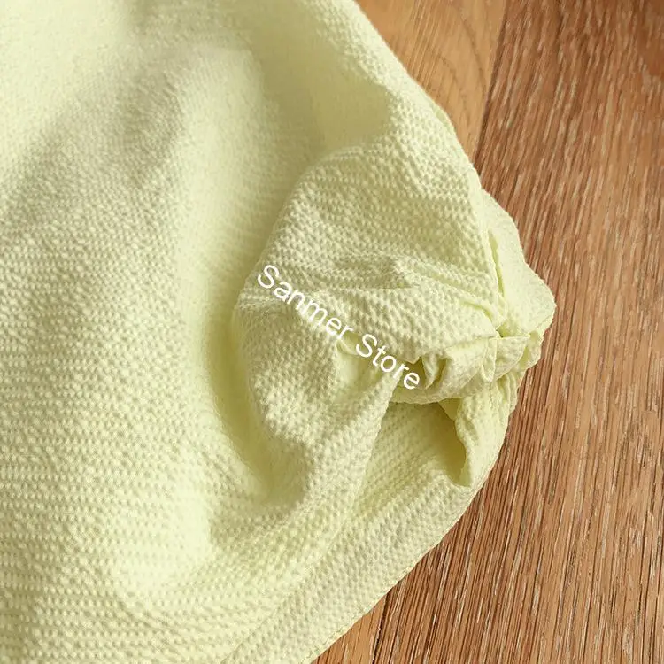 

Women's A-line Knee-length Dress Cotton O-neck Short Puff Sleeve Yellow High Waist Simple Lady Dresses 2020 New