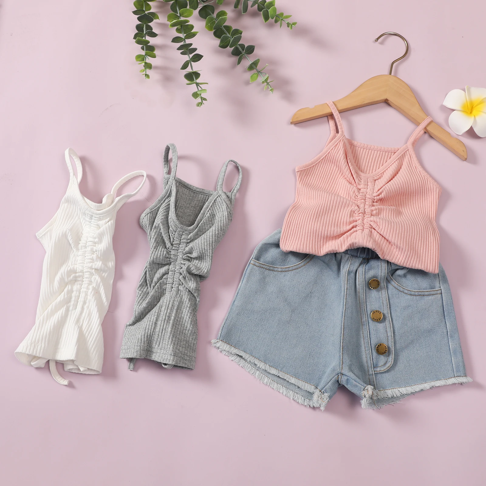 

2Pcs Kids Summer Tracksuit, Girls Ribbed Spaghetti Strap V-Neck Drawstring Vest + Denim Shorts, 18 Months to 6 Years