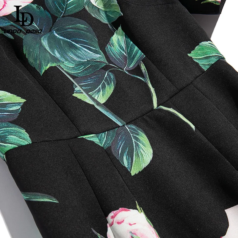 

LD LINDA DELLA Fashion Runway Summer Dress Women O-Neck Short Sleeve Rose Flower Print Black Slim Vintage Ladies Midi Dresses