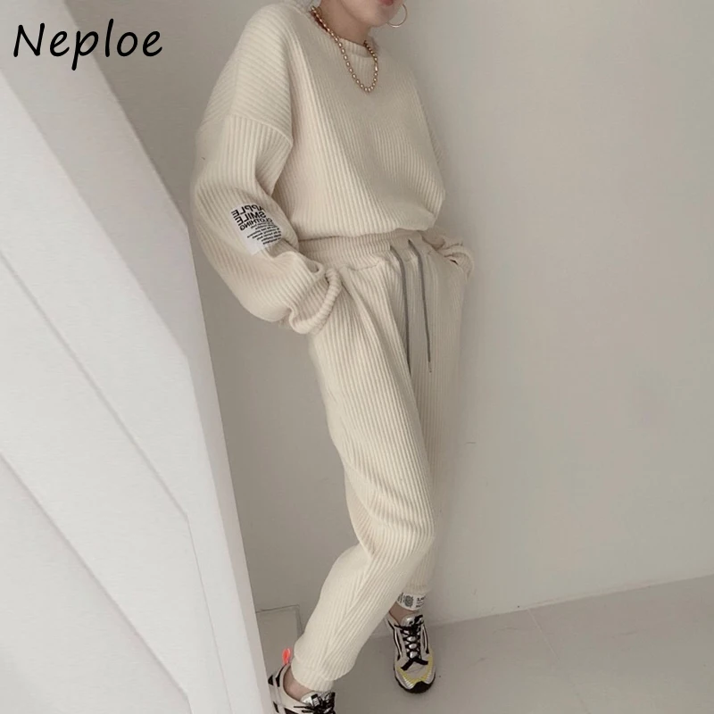 Модные Универсальные женские брючные комплекты Neploe вязаные топы с длинным