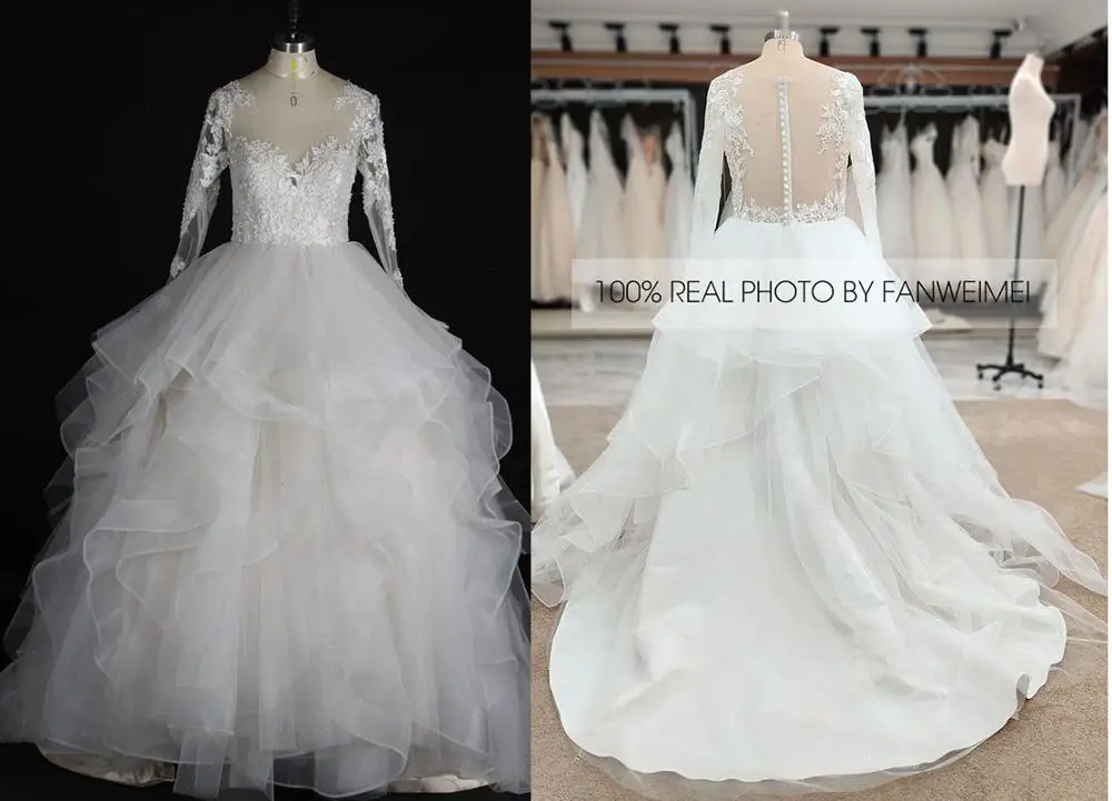 

#9061 REAL PHOTOS BY FANWEIMEI Wholesale O Neck Long Sleeve Lace Tiered Puffy Wedding Dress Ball Gown