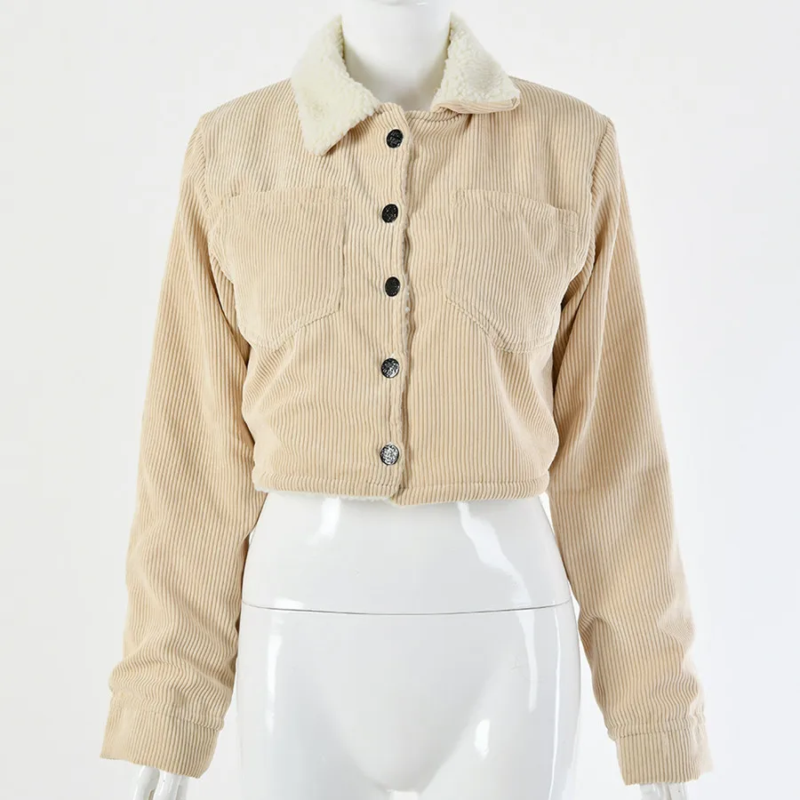

Autumn Winter Corduroy Short Jacket Coat Women Long Sleeve Casual Lambswool Jackets Warm Parka Female Crop Top Outwear Coat