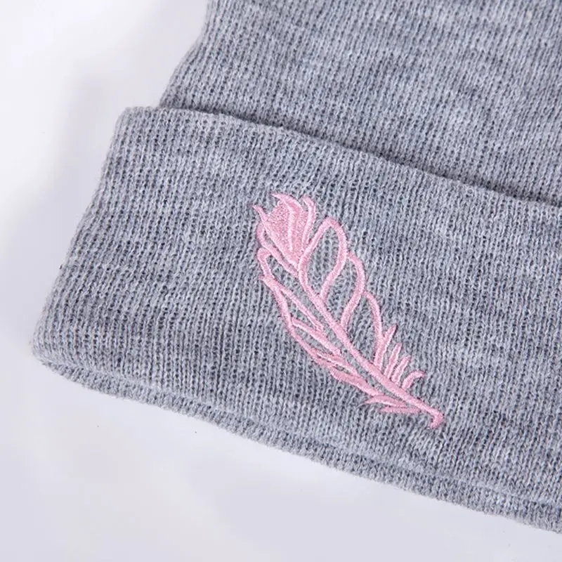 

Korean Women Girls Winter Knitted Beanie Hat Cute Pink Feather Embroidery Hip Hop Outdoor Snow Skiing Cuffed Cap Ear Warmer