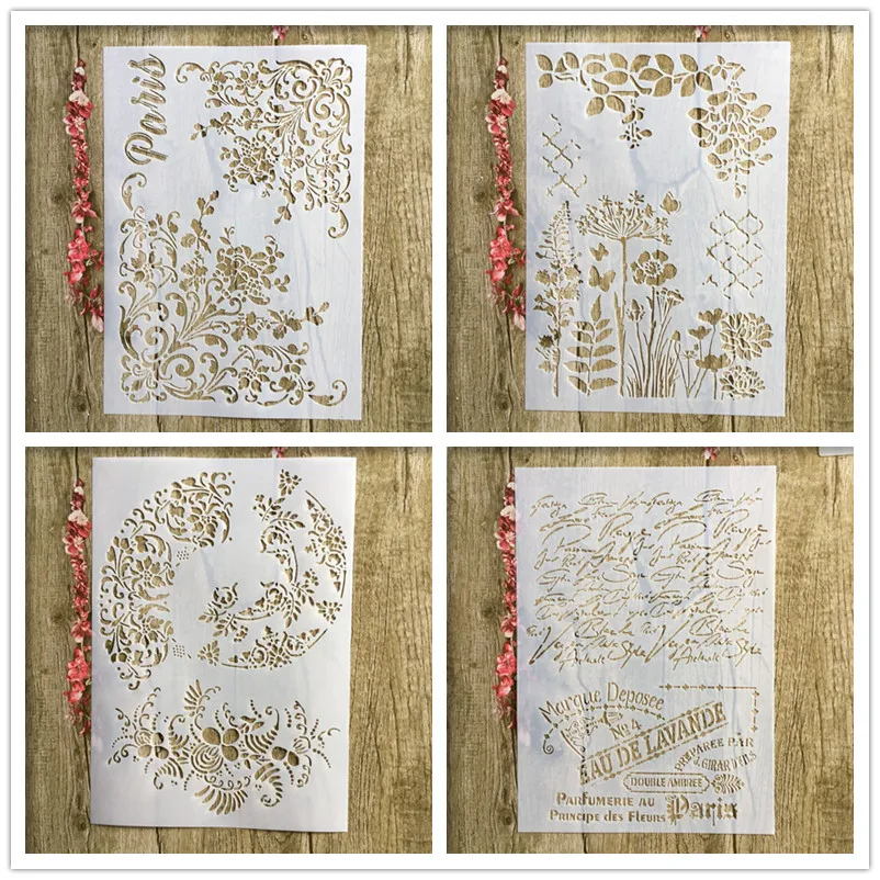 4Pcs / Lot A4 Floral French Word DIY Layered  Stencil Painting Scrapbook Coloring Embossed Album Decorative Paper Card Template