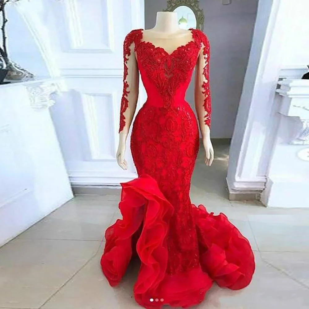 

Custom Scoop Evening Dresses Prom Party Gown Girls Pageant Formal Dress Mermaid Long Sleeve Red Applique Lace Satin New Gown