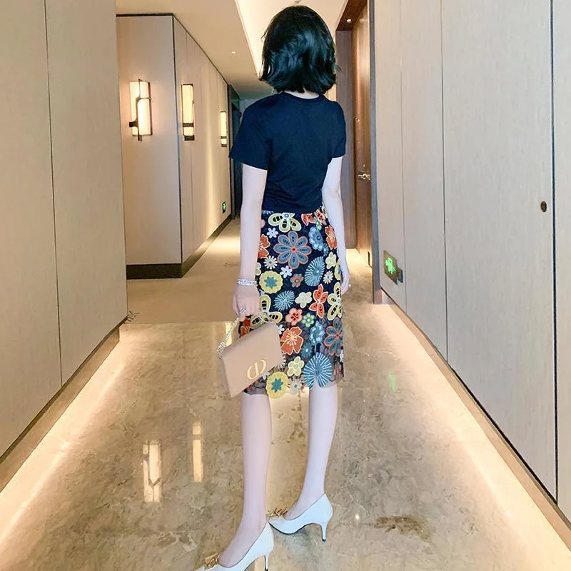 

Heavy Industry High Waist Skirt Color Embroidery Flowers Jupe Longue Femme Water Soluble Skirt Faldas Largas Mujer