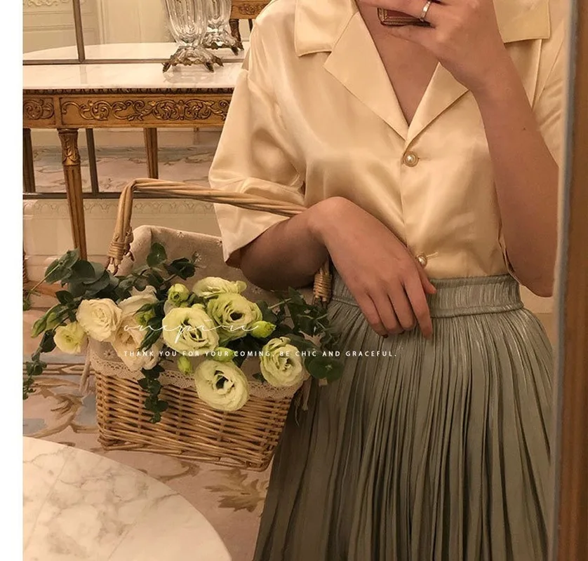 Женская шелковая атласная юбка жемчужная блестящая глянцевая плиссированная с