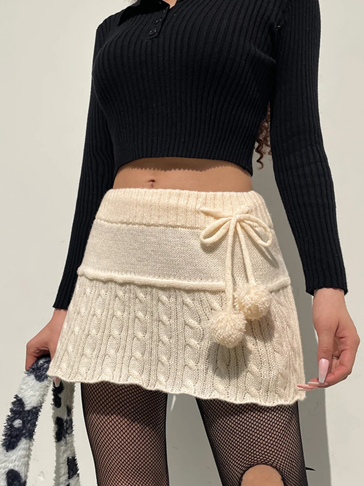 

Y2K Knitted Mini Skirts Lace Up Fur Cute Sweet Pencil Skirts 2022 Vintage Solid Twist A-line Ruffles Micro Skirt Kawaii Bottoms