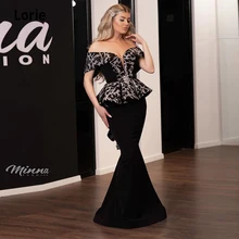 LORIE 2021 Arabic Black Evening Dresses Mermaid Off the Shoulder V-neck Lace Prom Dresses Cheap Pageant Gowns with Back Lacing (4)
