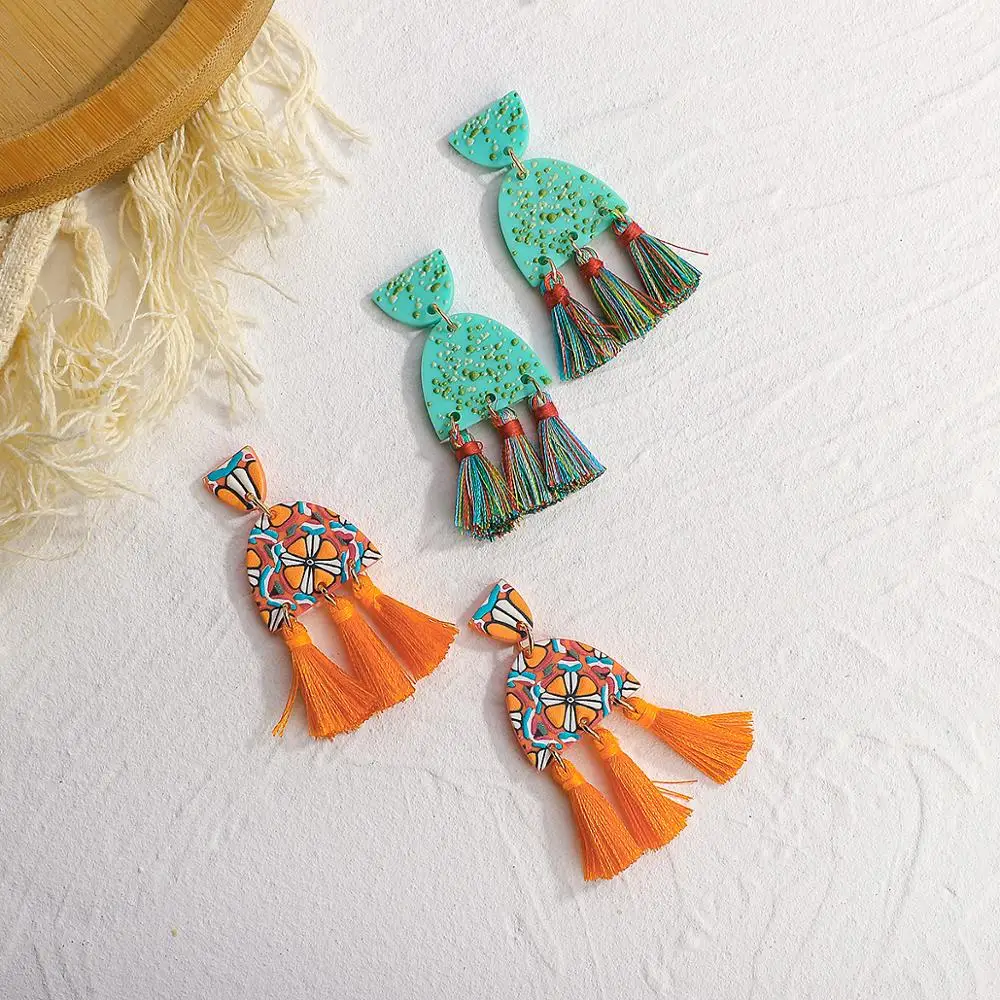 

AMORCOME 2022 Bohemian Colorful Printing Geometric Semicircle Acrylic Earrings for Women Long Fringe Tassel Drop Earrings Brinco
