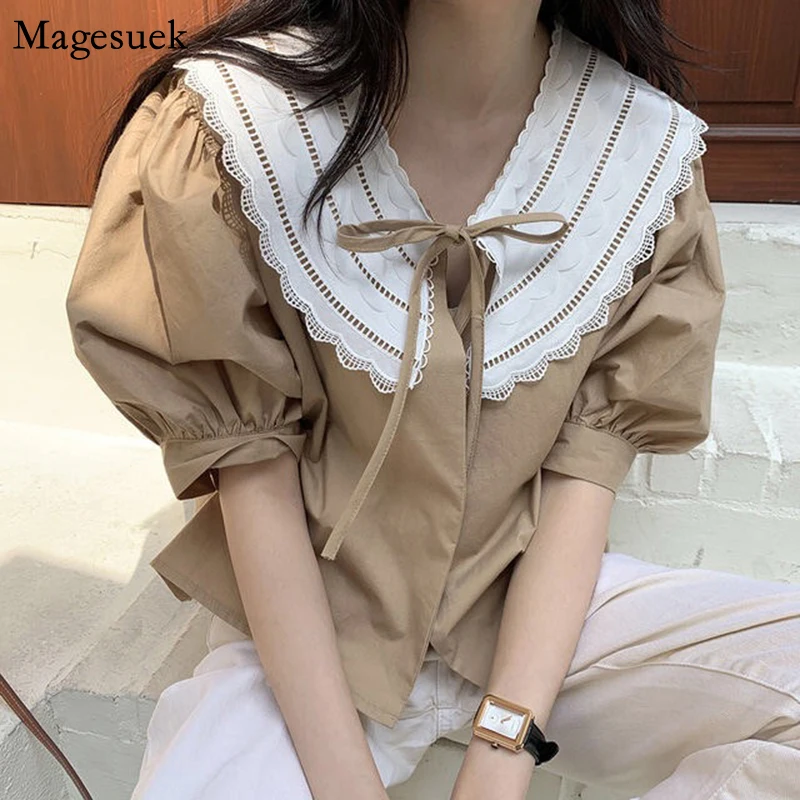 

Korean Chic Lace Stitched Puff Sleeve Women Shirt White Summer Loose Woman Blouse Tie With Bow Sweet Casual Ladies Tops 13807