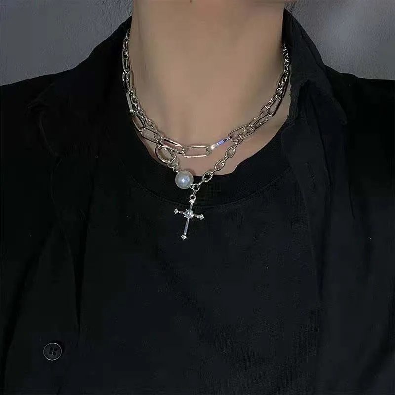 

Necklaces for women double layered metal rhinestone cross pearl punk necklace texture clavicle chain men necklace