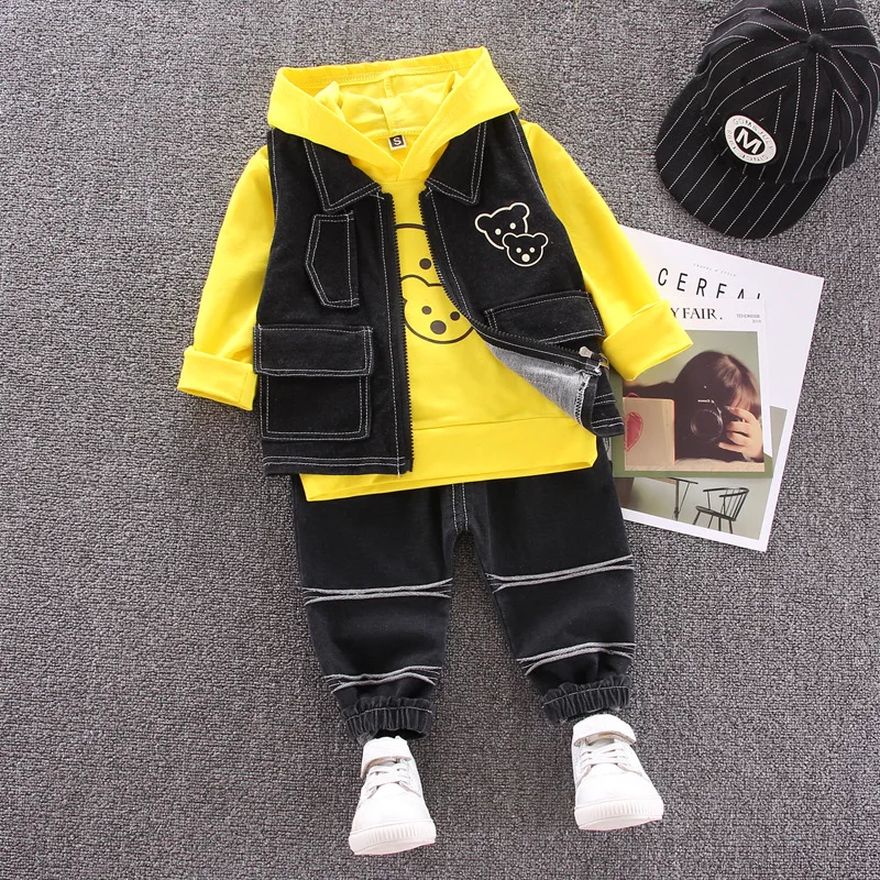 Baby Boy Clothes Set Korean Autumn Trend Boys Girls Hooded Long-Sleeved Sweater + Denim Vest Pants 3PCS Kids Clothing Suits | Детская