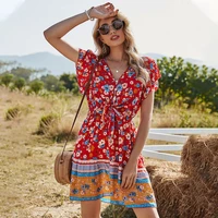 2021 spring new short print bandage dress women casual v neck butterfly sleeve floral dress sexy ladies summer mini dress