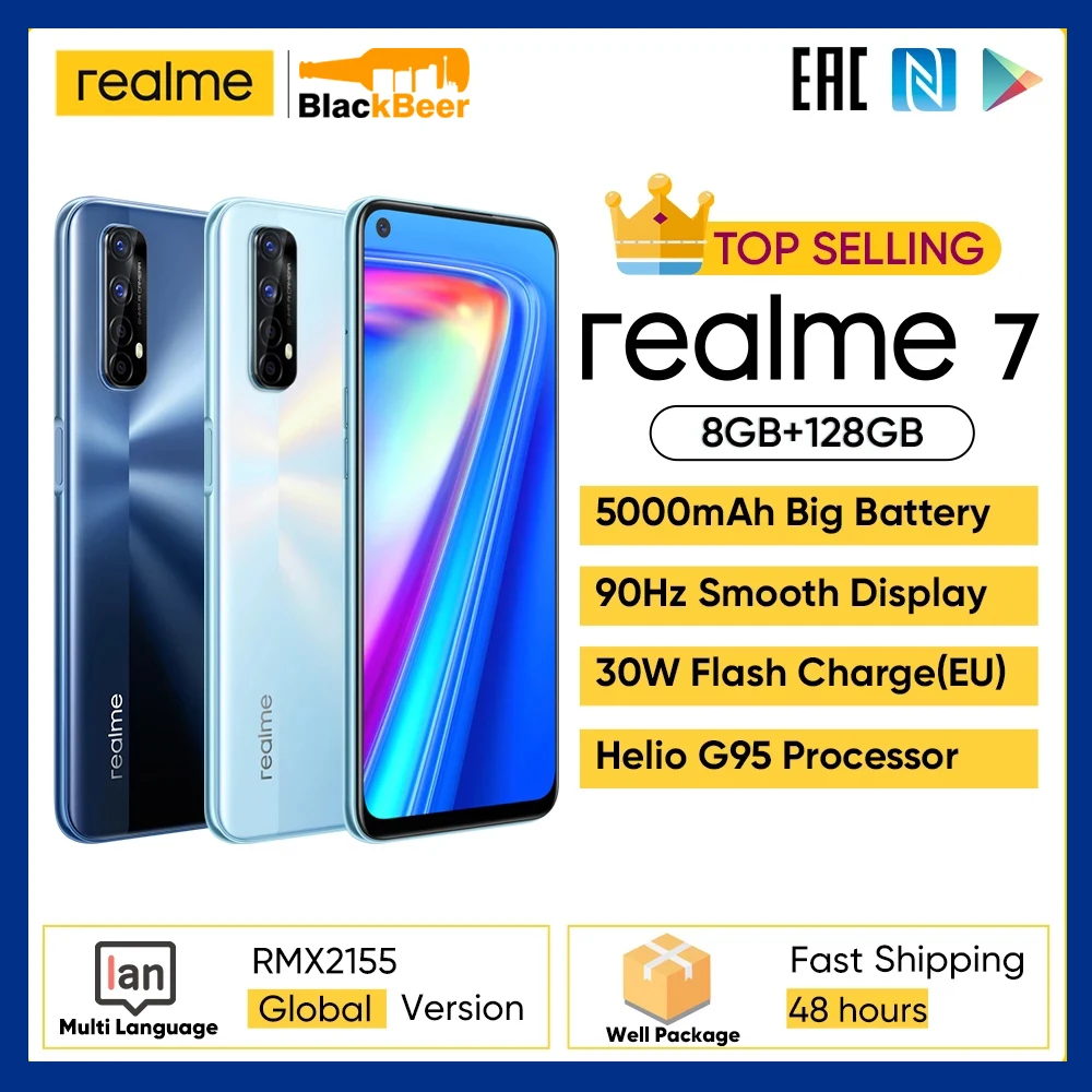 

Realme 7 4G Android 10.0 Mobile Phone Global Version 6.5 inch Smartphone 8GB+128GB CellPhone Helio G95 30W Fast Charge 5000mAh