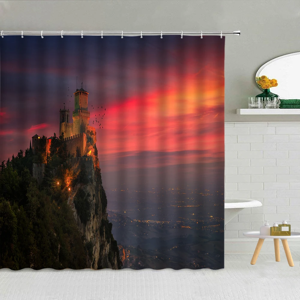 

Nordic Town Building Scenery Shower Curtain Sea Green Plants Natural Landscape Bathroom Decor Waterproof Fabric Hooks Curtains