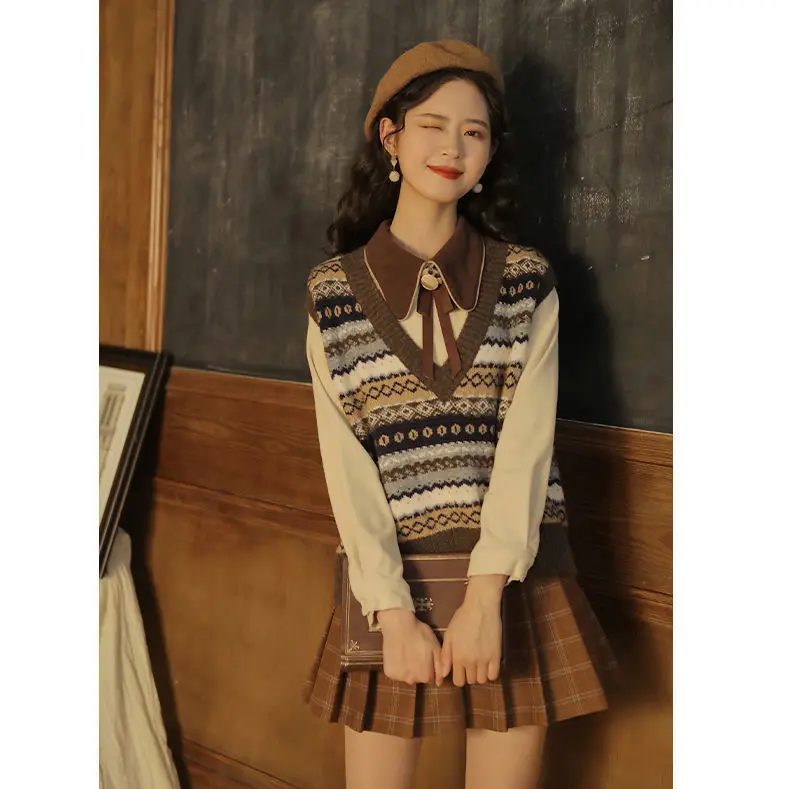 

School Girls Sweet Three-piece Retro Knitted Sweater Vest Vest + Long-sleeved Shirt + Pleated Skirt Autumn Suit Women