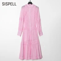 sispell elegant dresses for female stand collar lantern long sleeve high waist with belt patchwork ruffle with belt ruched dress