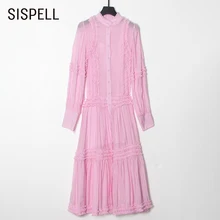 SISPELL Elegant Dresses For Female Stand Collar Lantern Long Sleeve High Waist With Belt Patchwork Ruffle With Belt Ruched Dress