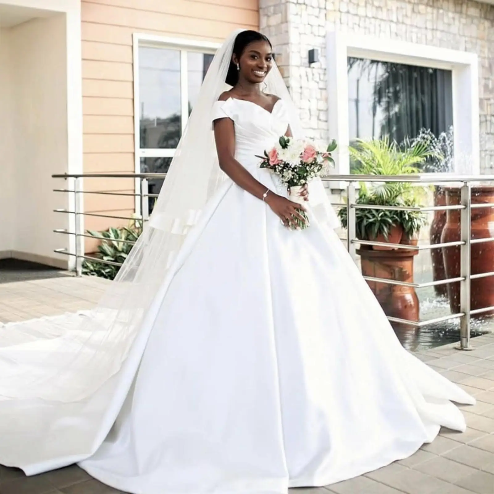 

African Wedding Dresses White Satin A-line For Bride Arabic Middle East Ruched Church Nigerian Bridal Gown Court Train