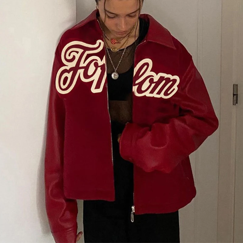 

New Women Casual Jacket Long Sleeve Turn-down Collar Zipper Closure Letters Coat Tops Outwear