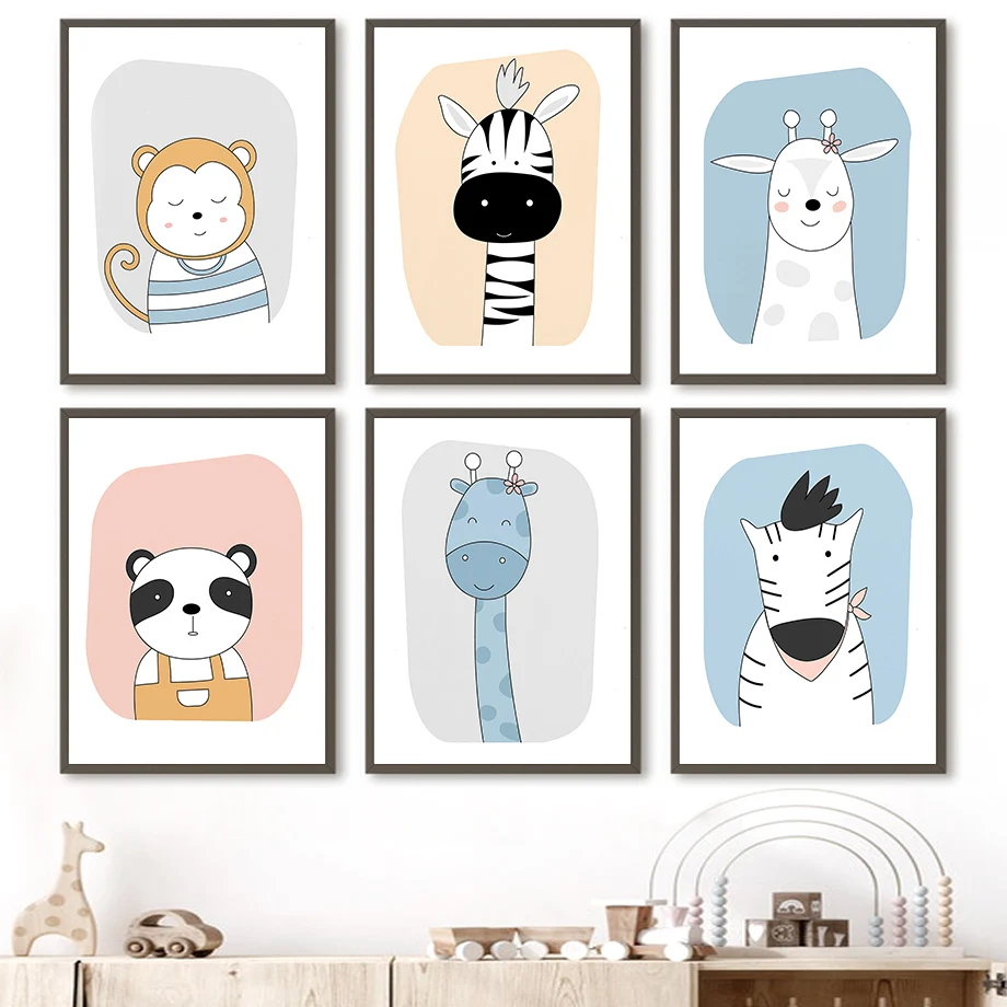 

Cute Zebra Giraffe Monkey Panda Cartoon Nursery Wall Art Canvas Painting Nordic Posters And Prints Wall Pictures Kids Room Decor