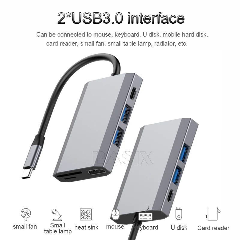 Basix USB 3 1 Type C концентратор Usb к HDMI-совместимый USB3.0/SD TF карта/PD адаптер для ноутбука