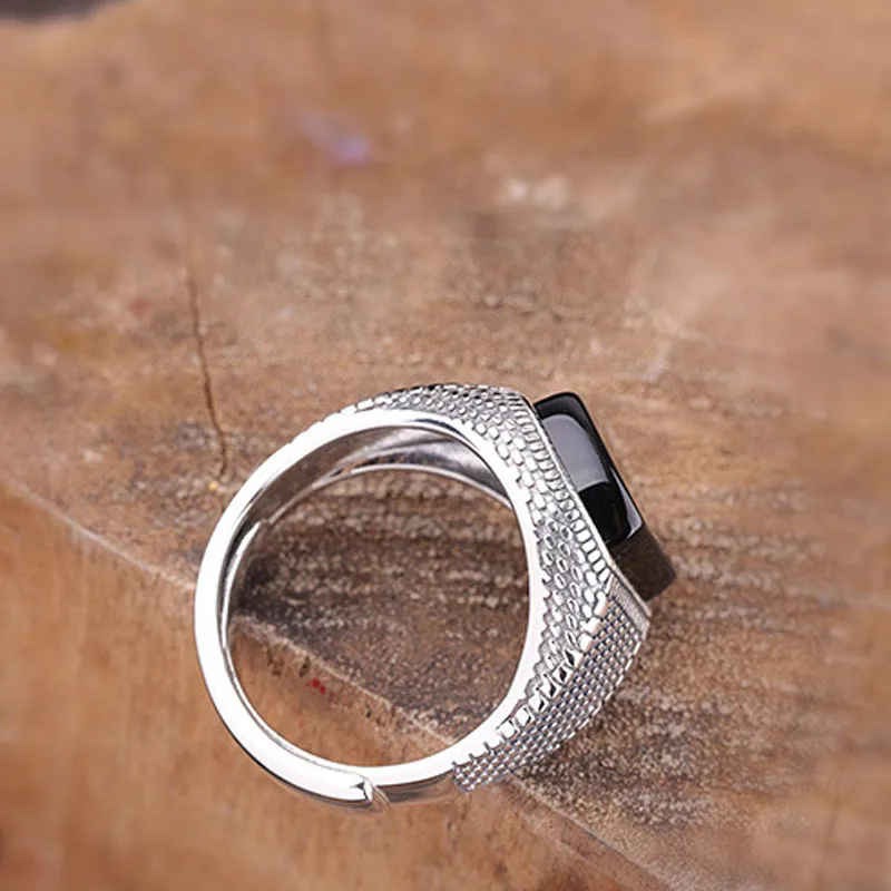 Кольцо с черным камнем для мужчин и женщин серебро 925 пробы открытый размер