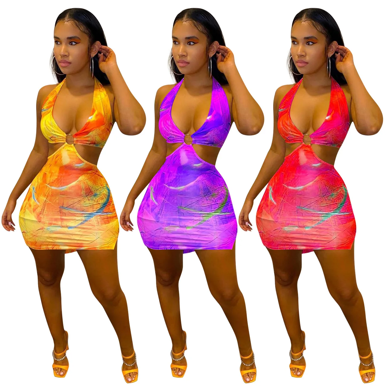 

Echoine Tie Dyed Print Cut out Bodycon Dress Woman Halter Sleeveless Low-cut Beach Vestidos 2021 Summer Holiday Outfits