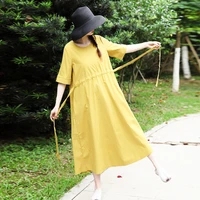 summer dress simple solid color round neck half sleeve dress fashion drawstring waist mid length leisure dress for women