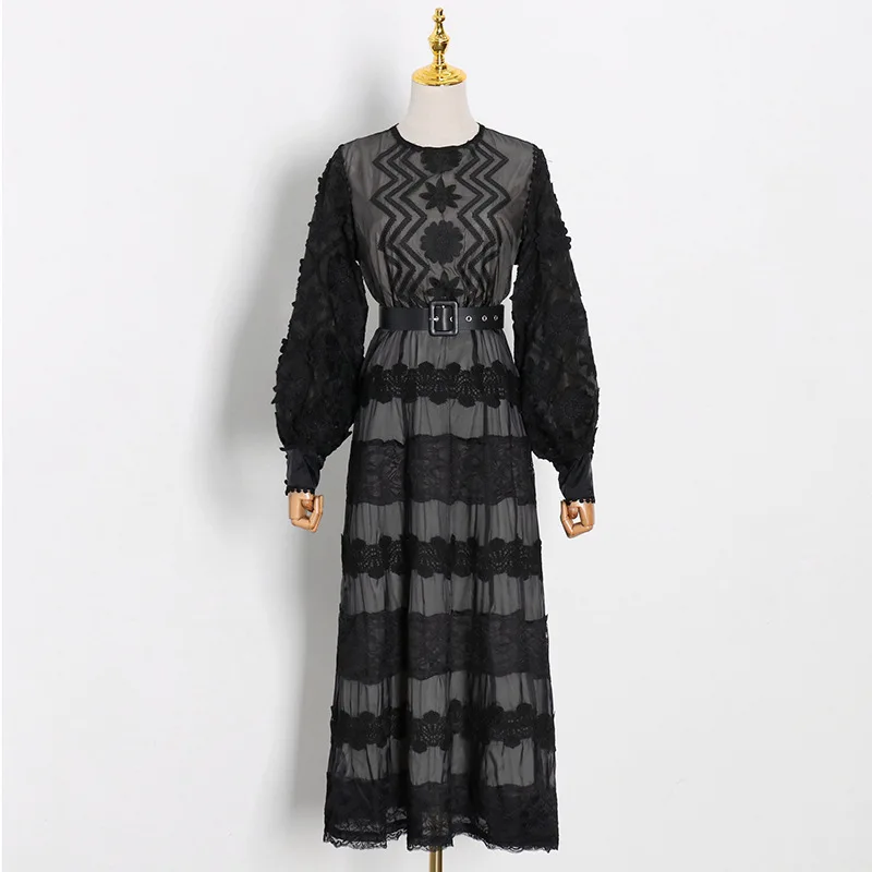 

Mozision 2021 New Print Lantern Sleeve Dress For Women O Neck Full Sleeve Patchwork Dresses Ladies High Waist Loose Vestidos